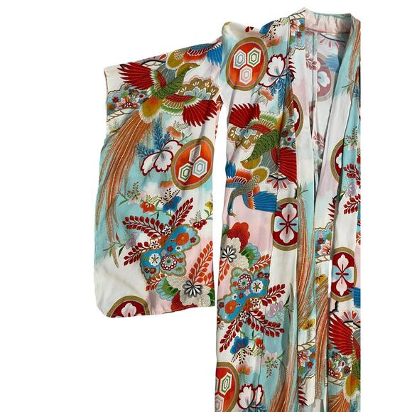 Vintage Japanese Kimono Womens S/M Silk Phoenix Floral Bird Robe Wedding 70s‎ - Picture 4 of 8